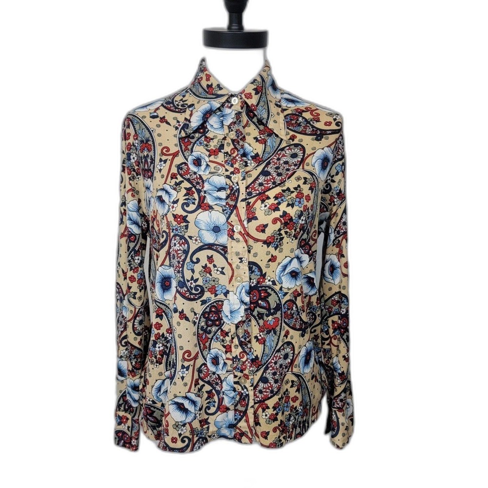 Miss K Button Down Shirt Women 40 Tan Blue Floral Paisley Vintage 70s Nylon